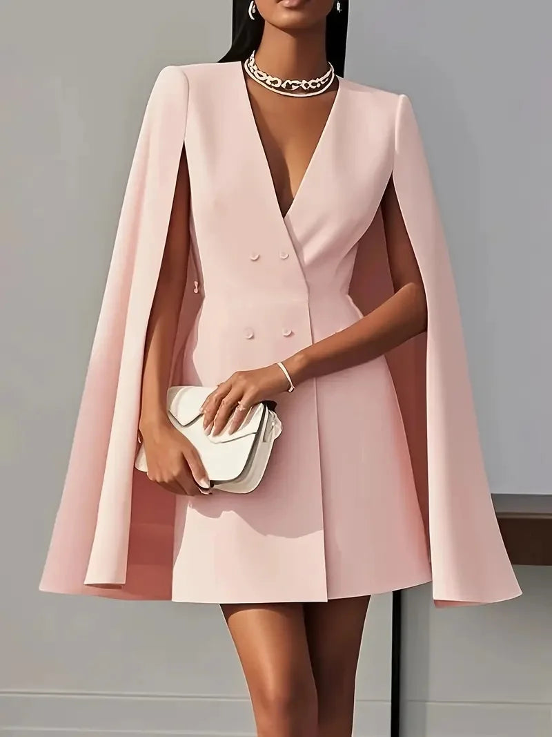 Women Fashion Commuter Solid Blazers Dress Office Double Breasted Waist Party Dress Elegant V-neck Shawl Cape Sleeve Midi Dress