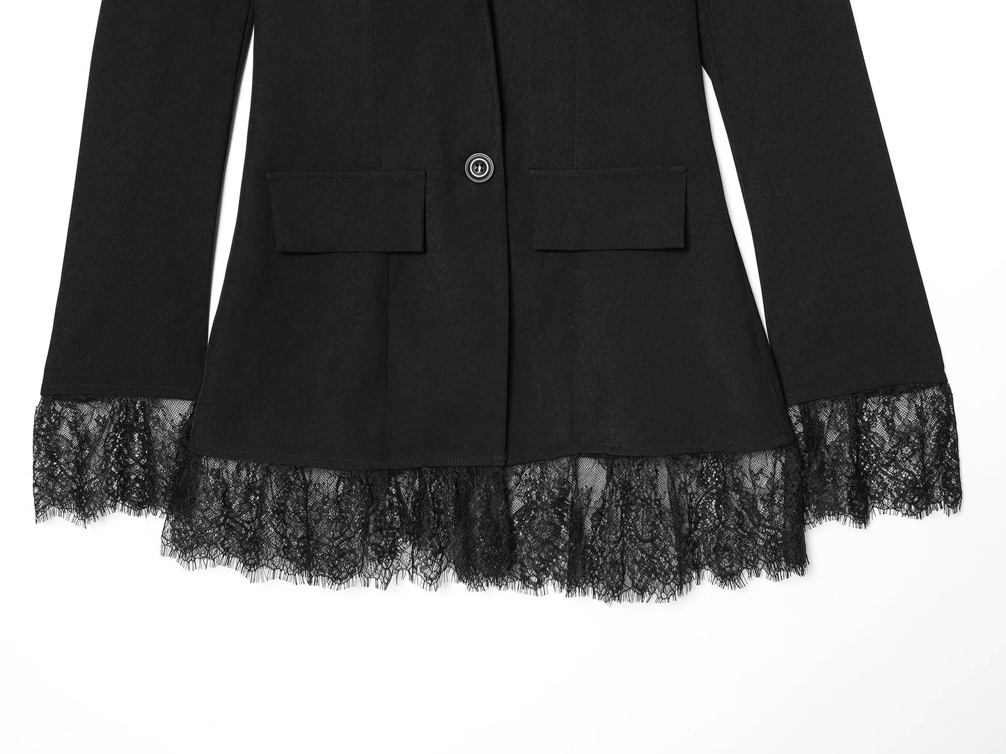 Women Elegant Lace Hem Black Suit Coat Fashion V-neck Single Breasted Slim Fit Blazer 2026 New Spring Office Lady Blazer Outwear