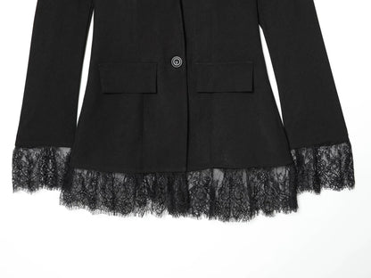 Women Elegant Lace Hem Black Suit Coat Fashion V-neck Single Breasted Slim Fit Blazer 2026 New Spring Office Lady Blazer Outwear