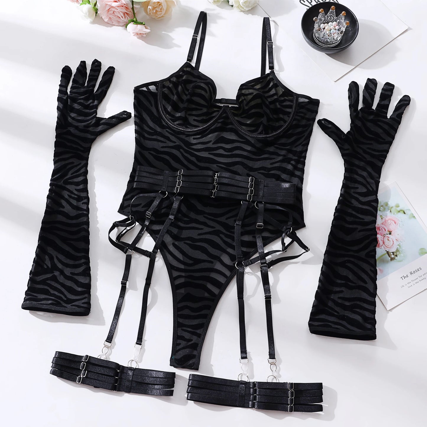 Ellolace Tight Fitting Lace Bodysuit Sexy See Through Erotic Body With Gloves Garter Night Club Outfit Sissy Crotchless Mesh Top