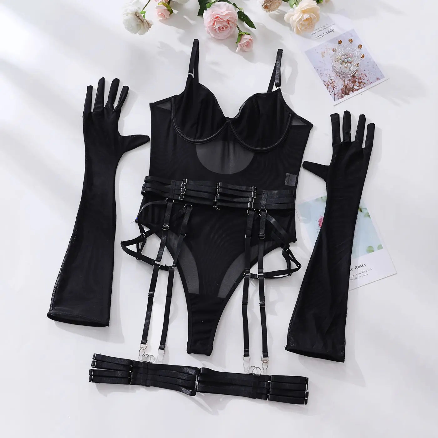 Ellolace Tight Fitting Lace Bodysuit Sexy See Through Erotic Body With Gloves Garter Night Club Outfit Sissy Crotchless Mesh Top