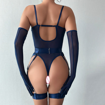 Ellolace Tight Fitting Lace Bodysuit Sexy See Through Erotic Body With Gloves Garter Night Club Outfit Sissy Crotchless Mesh Top