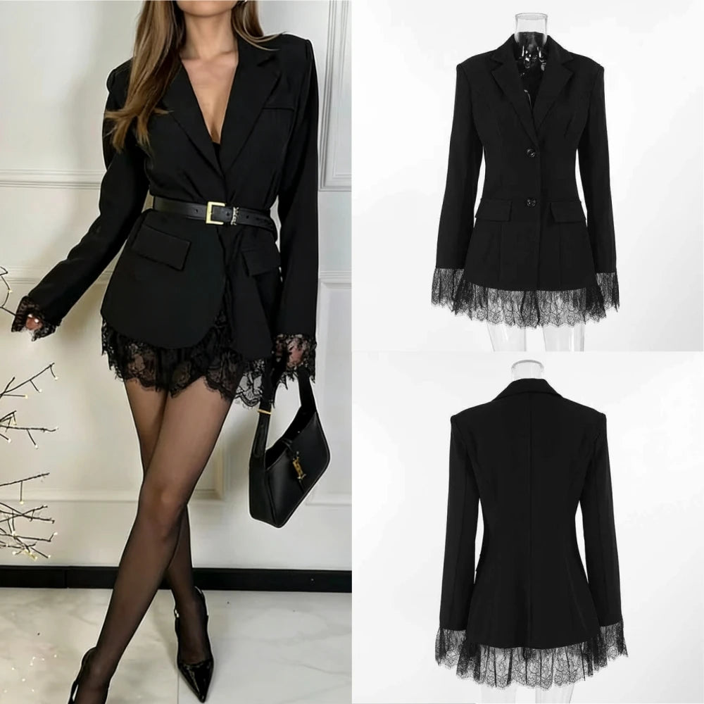 Women Elegant Lace Hem Black Suit Coat Fashion V-neck Single Breasted Slim Fit Blazer 2026 New Spring Office Lady Blazer Outwear
