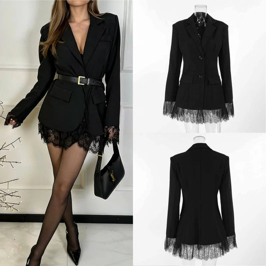 Women Elegant Lace Hem Black Suit Coat