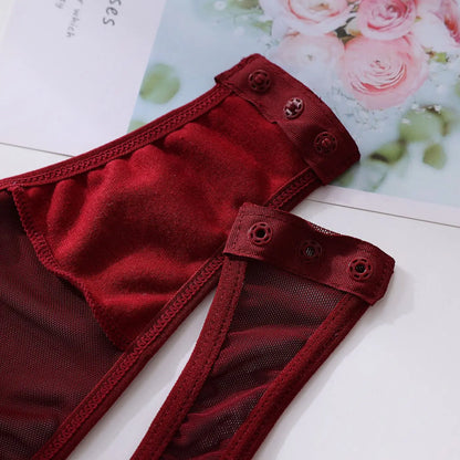 Ellolace Tight Fitting Lace Bodysuit Sexy See Through Erotic Body With Gloves Garter Night Club Outfit Sissy Crotchless Mesh Top