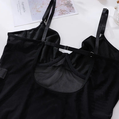 Ellolace Tight Fitting Lace Bodysuit Sexy See Through Erotic Body With Gloves Garter Night Club Outfit Sissy Crotchless Mesh Top