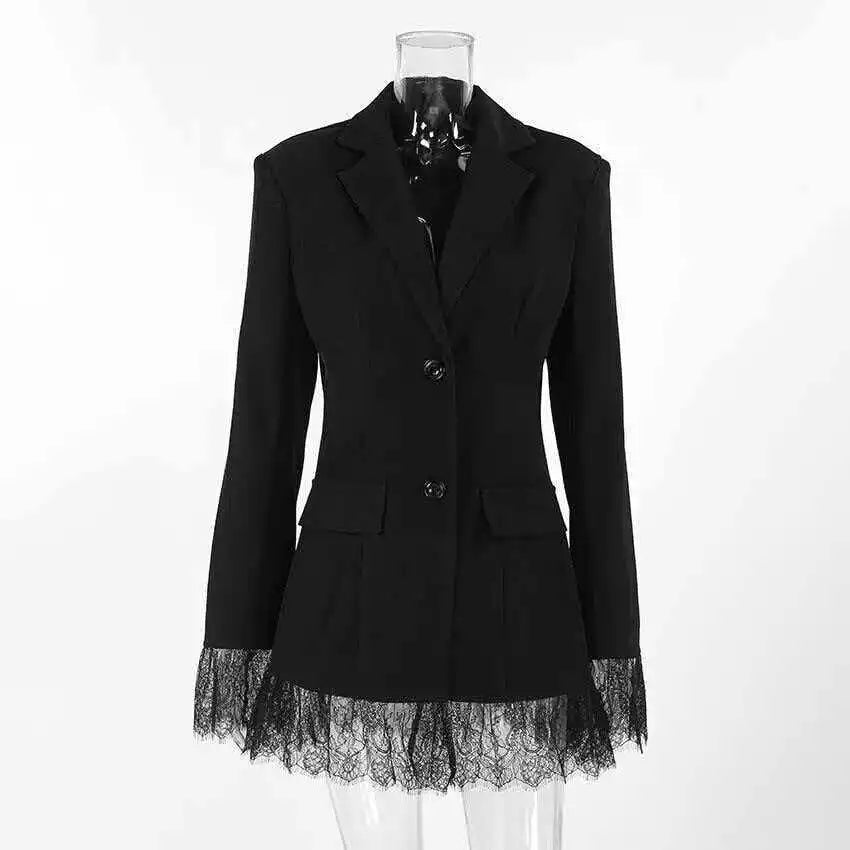 Women Elegant Lace Hem Black Suit Coat