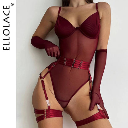 Ellolace Tight Fitting Lace Bodysuit Sexy See Through Erotic Body With Gloves Garter Night Club Outfit Sissy Crotchless Mesh Top