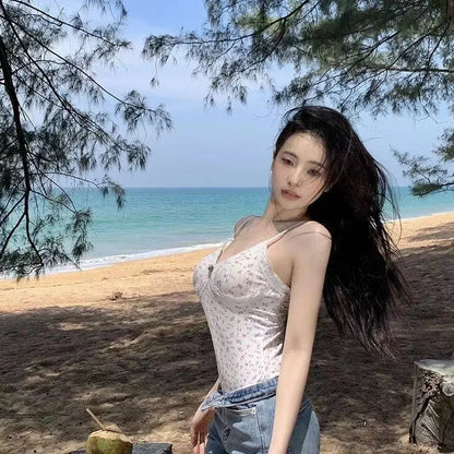 Women Sexy  Floral Print Bodysuit Lace Trim Sleeveless Slim Fit Leotard Summer Jumpsuit Romper Sexy Underwear Nightwear Lingerie