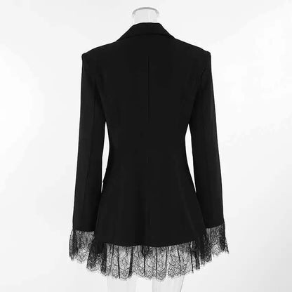 Women Elegant Lace Hem Black Suit Coat Fashion V-neck Single Breasted Slim Fit Blazer 2026 New Spring Office Lady Blazer Outwear