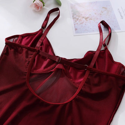 Ellolace Tight Fitting Lace Bodysuit Sexy See Through Erotic Body With Gloves Garter Night Club Outfit Sissy Crotchless Mesh Top