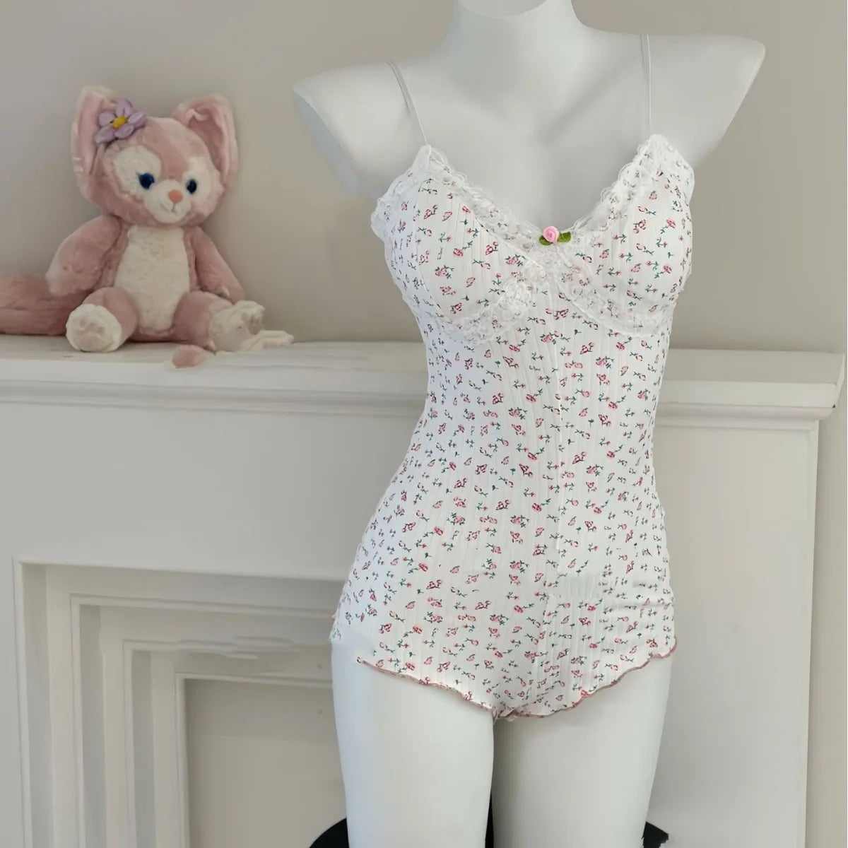 Women Sexy  Floral Print Bodysuit Lace Trim Sleeveless Slim Fit Leotard Summer Jumpsuit Romper Sexy Underwear Nightwear Lingerie