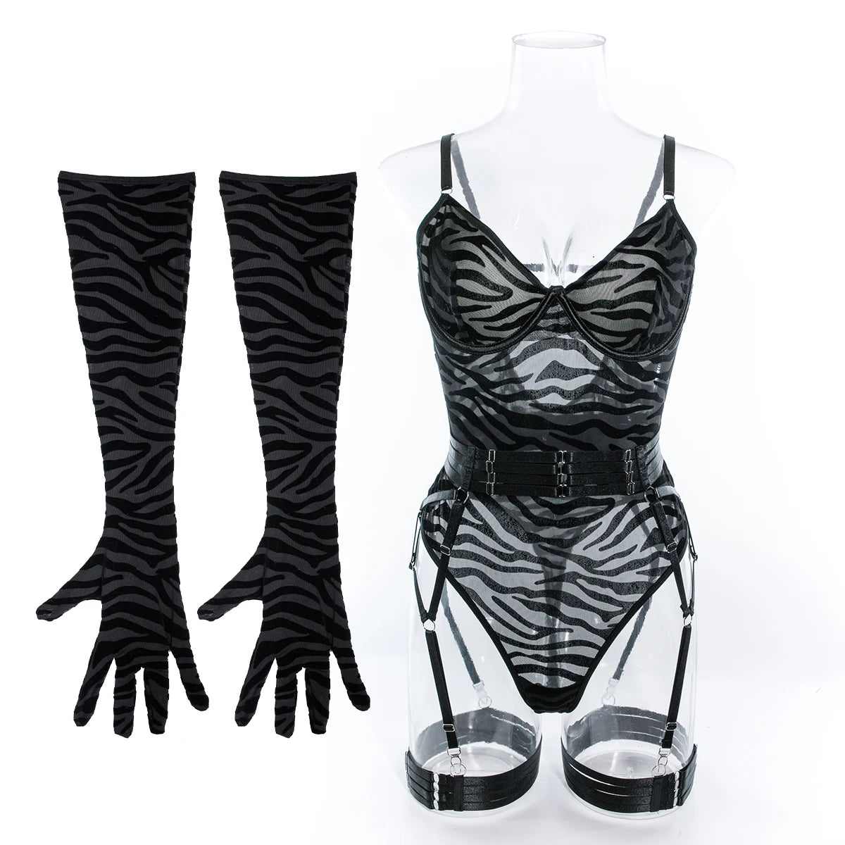 Ellolace Tight Fitting Lace Bodysuit Sexy See Through Erotic Body With Gloves Garter Night Club Outfit Sissy Crotchless Mesh Top