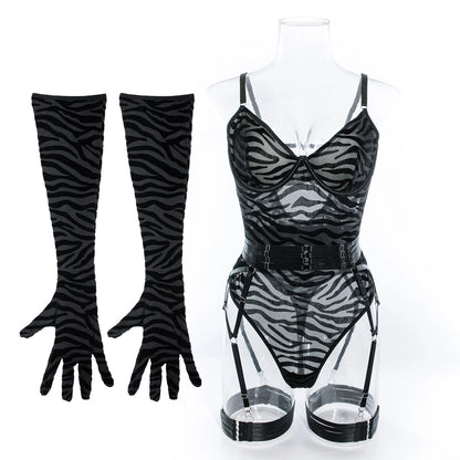 Ellolace Tight Fitting Lace Bodysuit Sexy See Through Erotic Body With Gloves Garter Night Club Outfit Sissy Crotchless Mesh Top