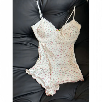 Women Sexy  Floral Print Bodysuit Lace Trim Sleeveless Slim Fit Leotard Summer Jumpsuit Romper Sexy Underwear Nightwear Lingerie