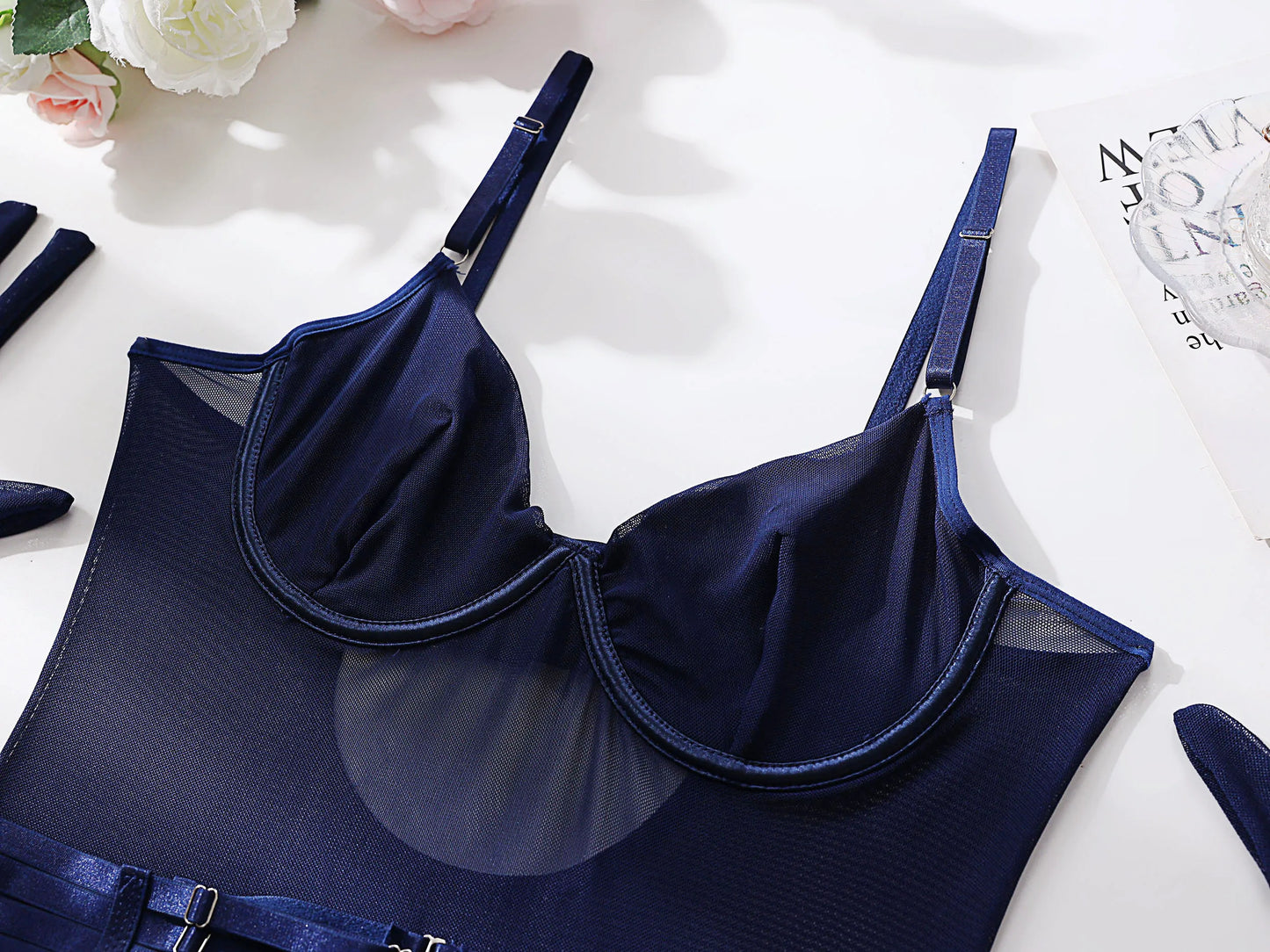 Ellolace Tight Fitting Lace Bodysuit Sexy See Through Erotic Body With Gloves Garter Night Club Outfit Sissy Crotchless Mesh Top