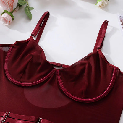 Ellolace Tight Fitting Lace Bodysuit Sexy See Through Erotic Body With Gloves Garter Night Club Outfit Sissy Crotchless Mesh Top